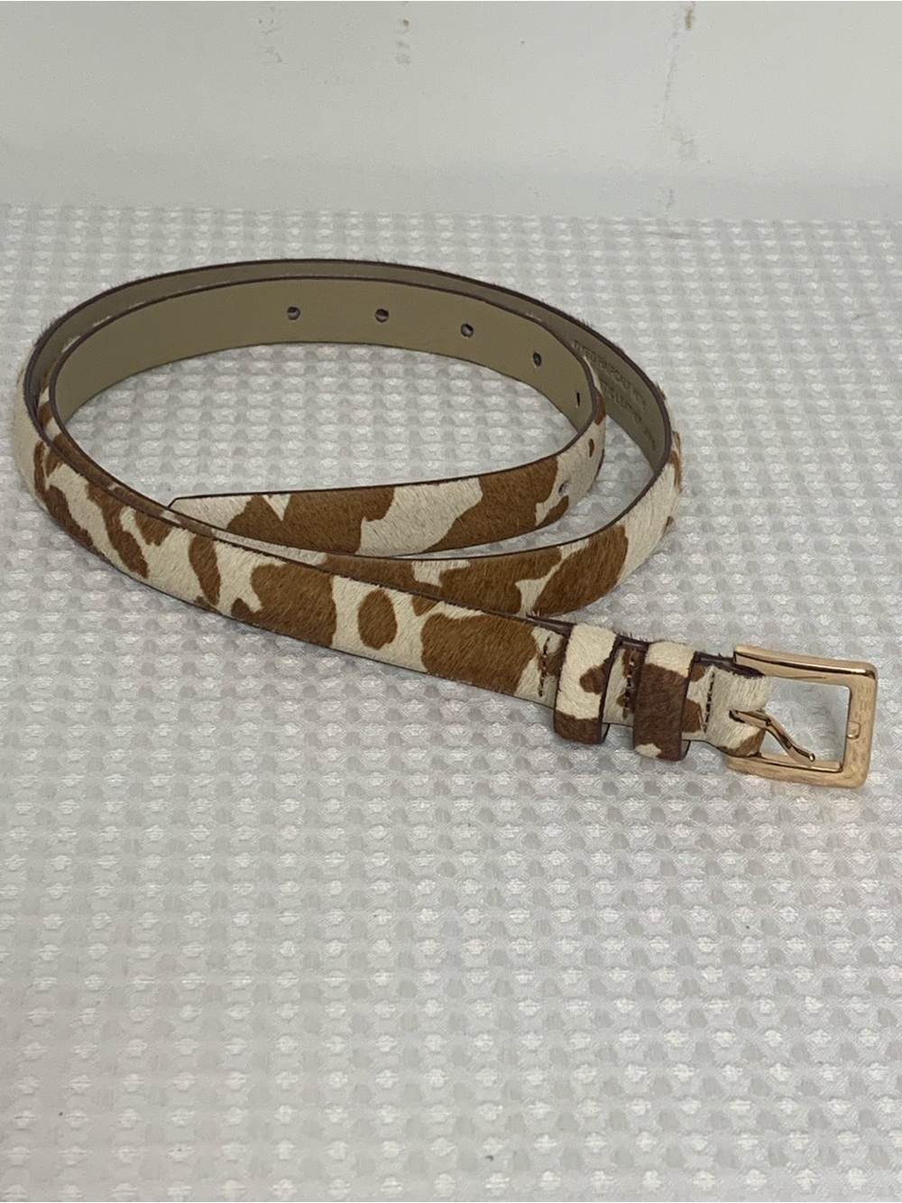 LOFT Brown and Cream Calf Hair Animal Print Slim Belt with Gold Buckle medium
